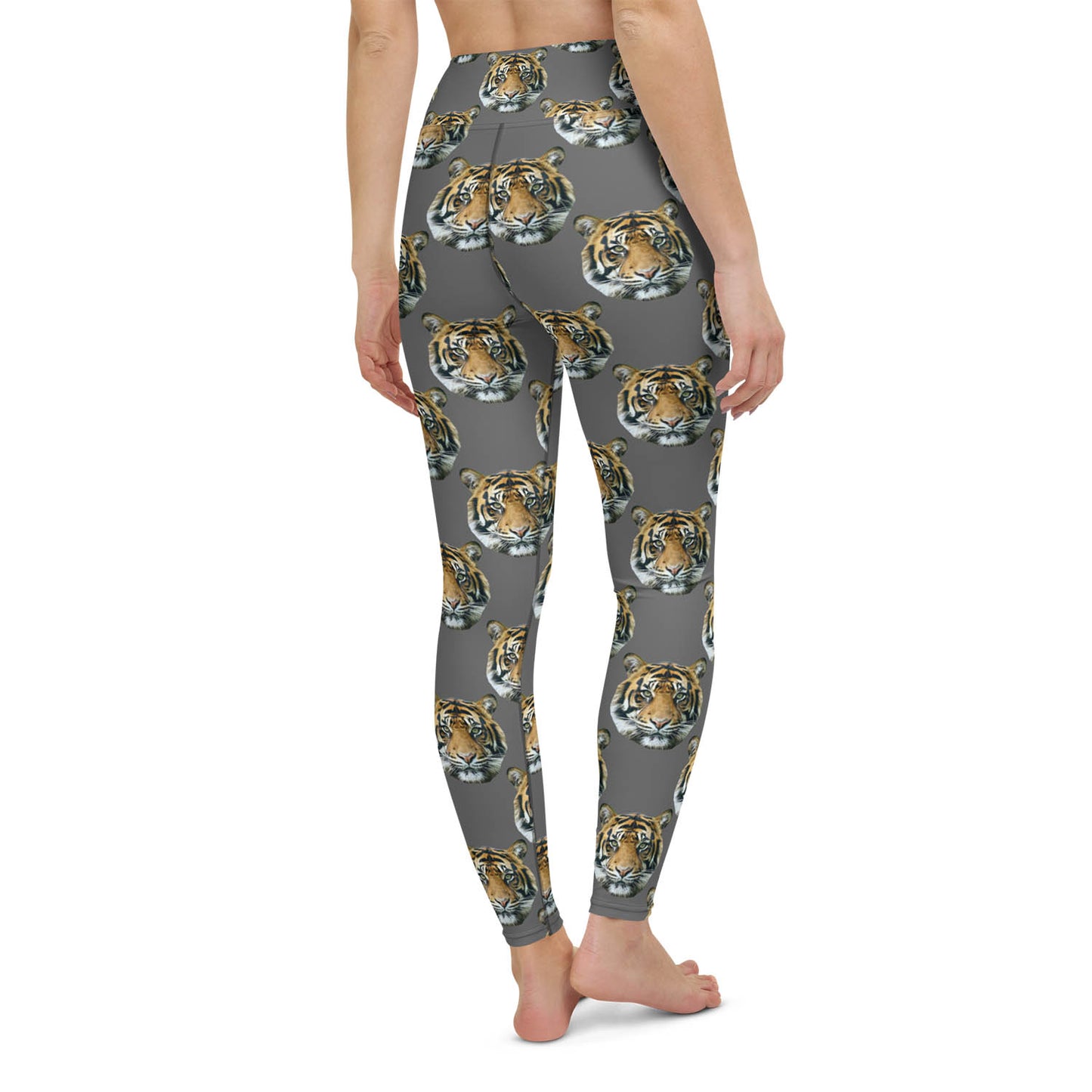 Tiger Face High Waisted Workout Leggings in Grey