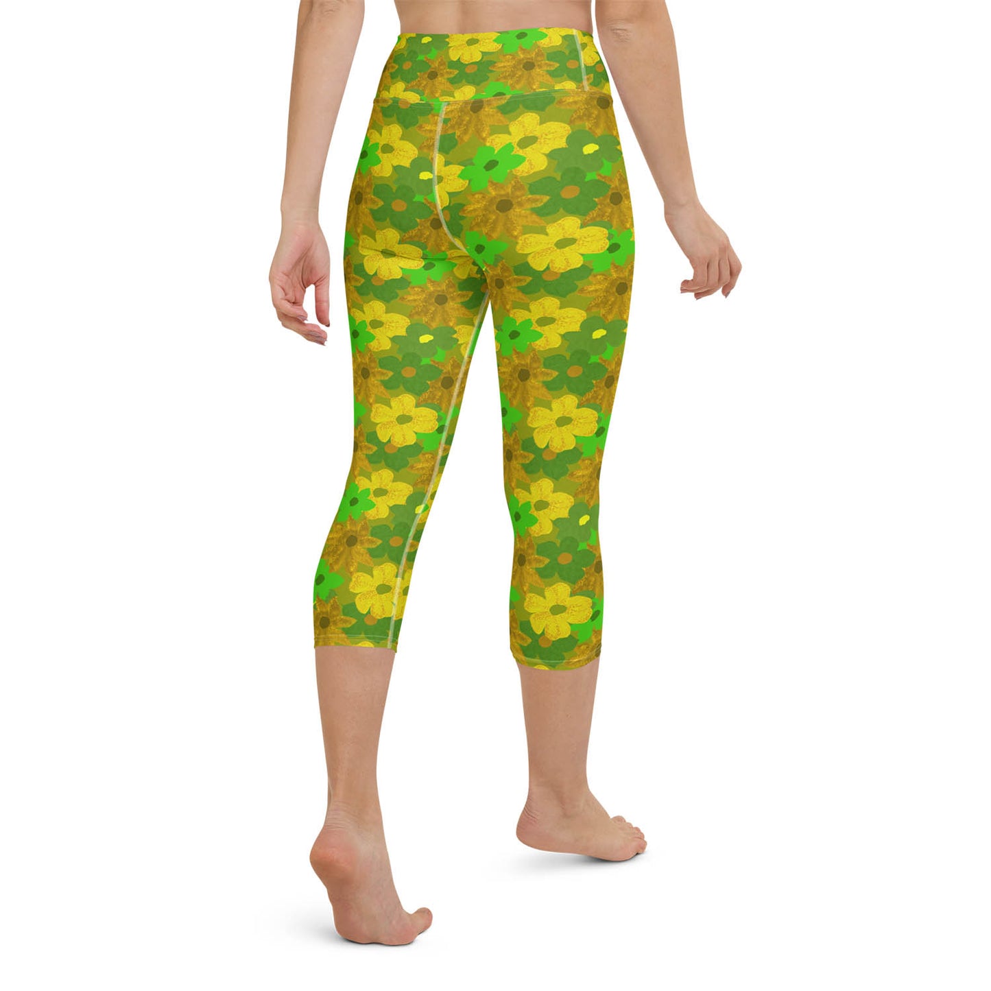 Green Flowers High Waisted Capri Workout Leggings