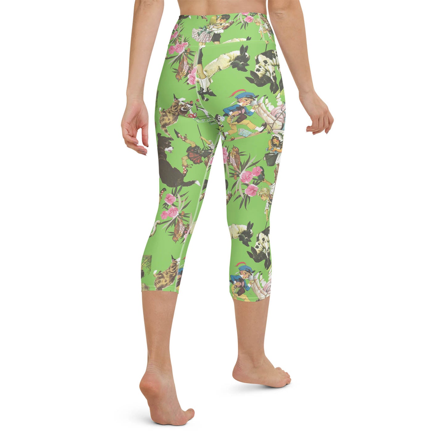 Nursery Rhyme Collage High Waisted Capri Workout Leggings in Lime Green