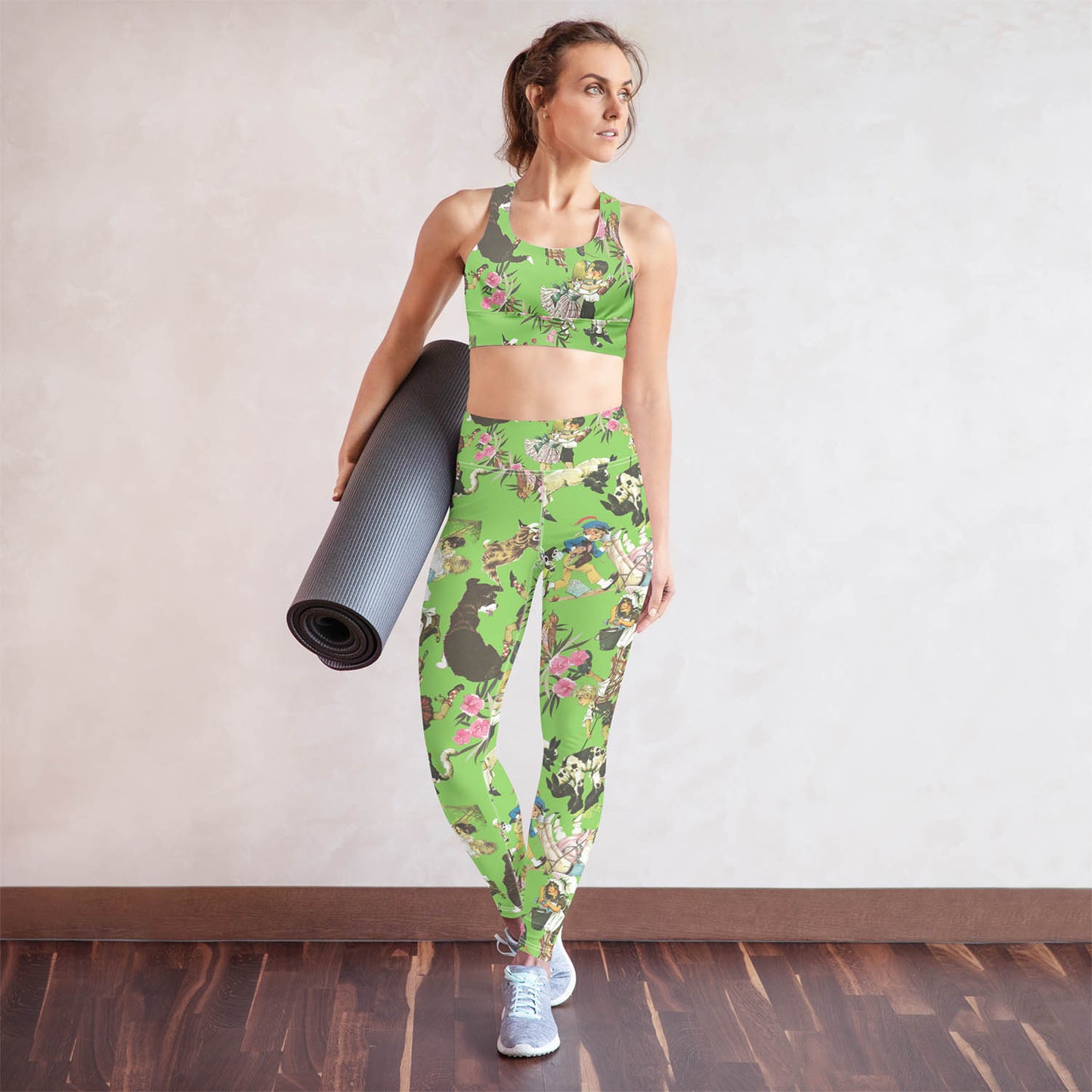 Nursery Rhyme Collage High Waisted Workout Leggings in Lime Green