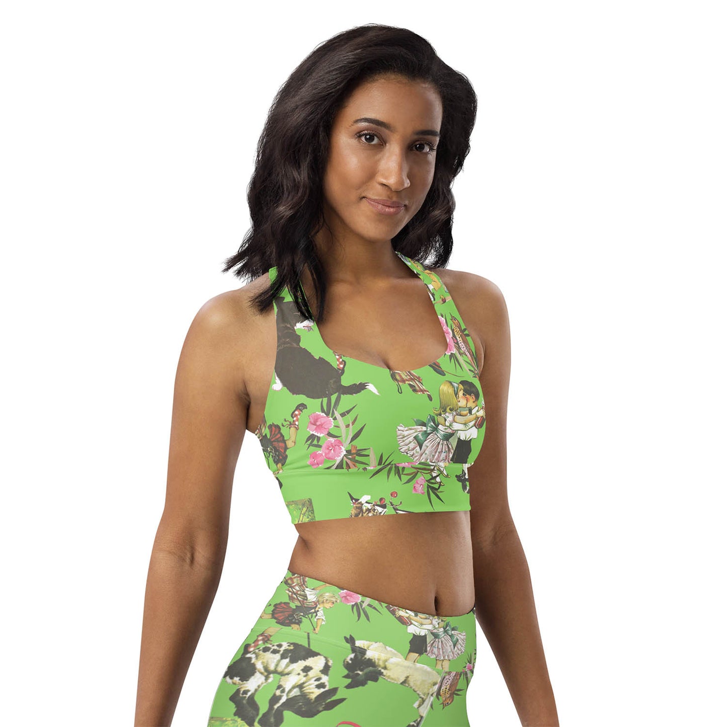 Nursery Rhyme Collage Longline Sports Bra in Lime Green (XS-3XL)