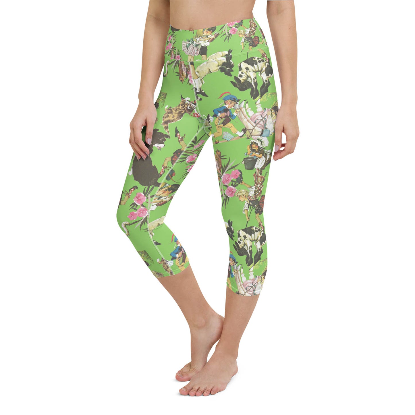 Nursery Rhyme Collage High Waisted Capri Workout Leggings in Lime Green
