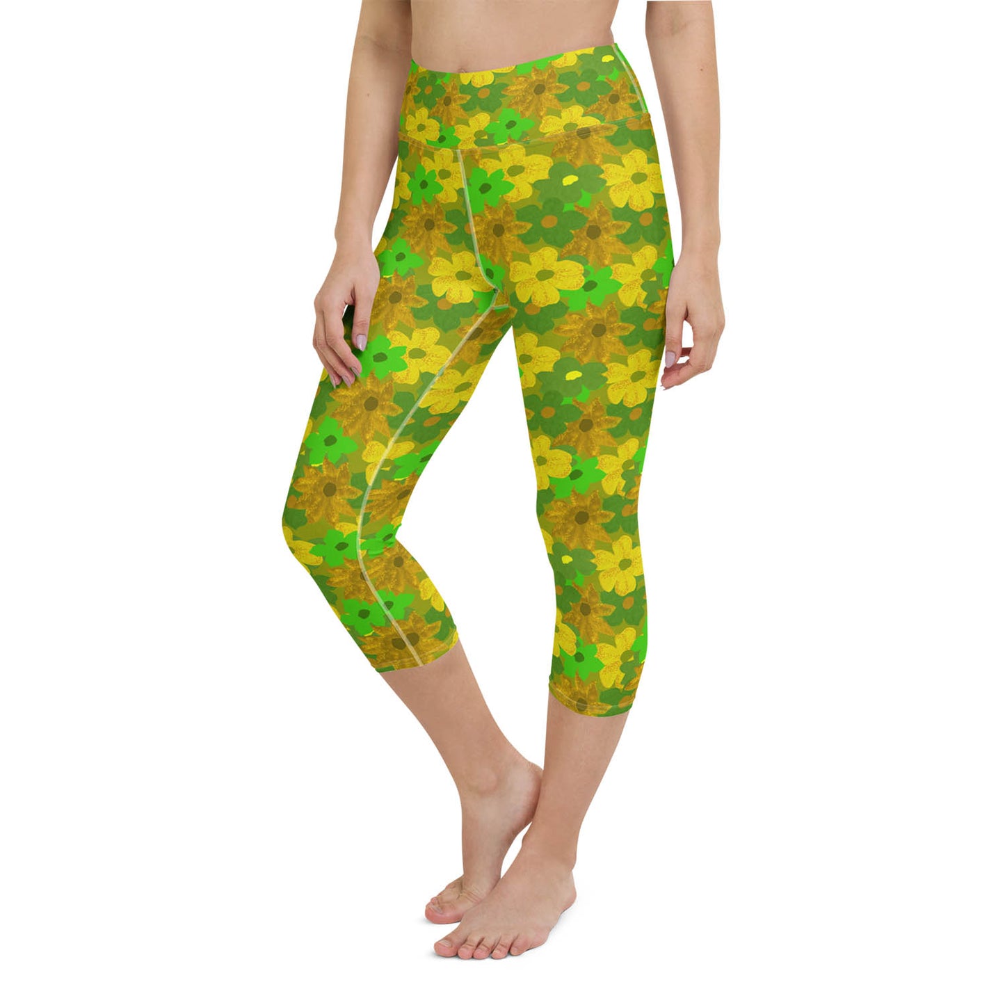 Green Flowers High Waisted Capri Workout Leggings
