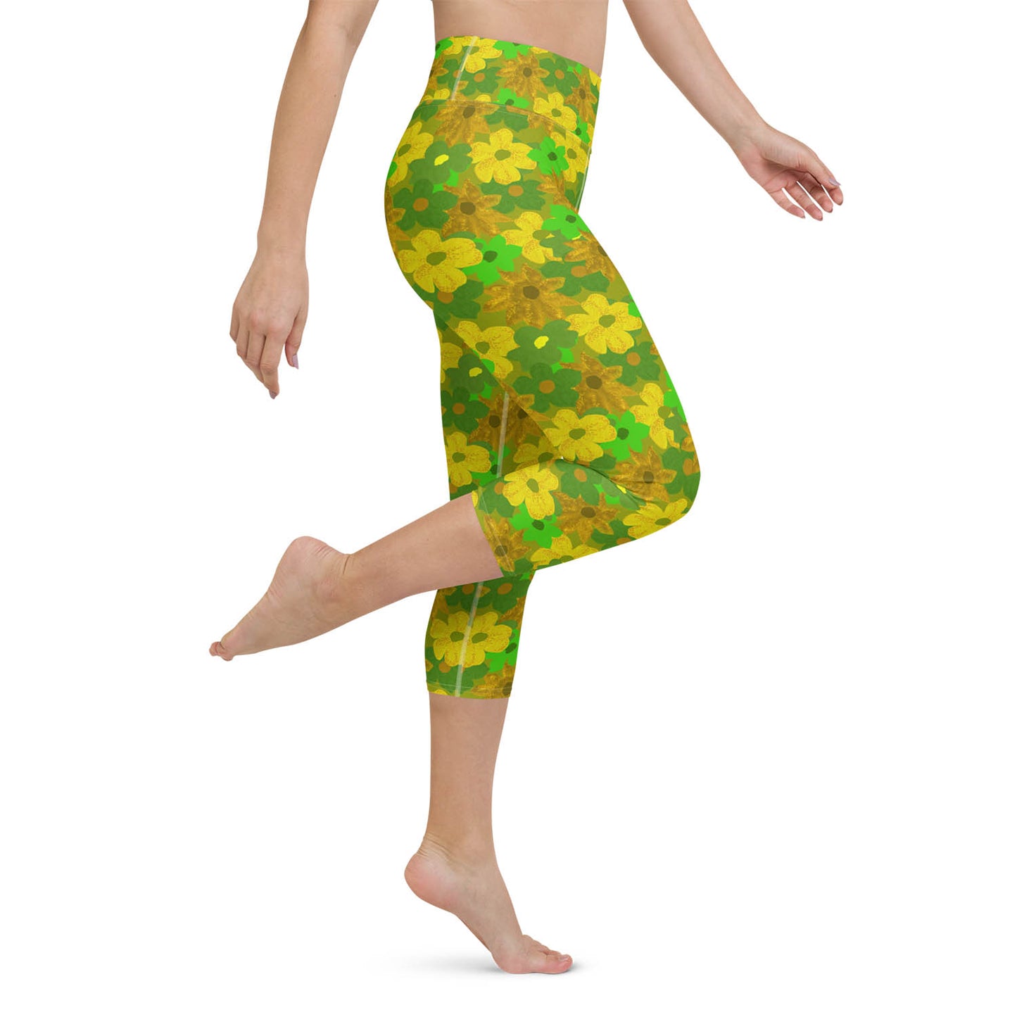 Green Flowers High Waisted Capri Workout Leggings