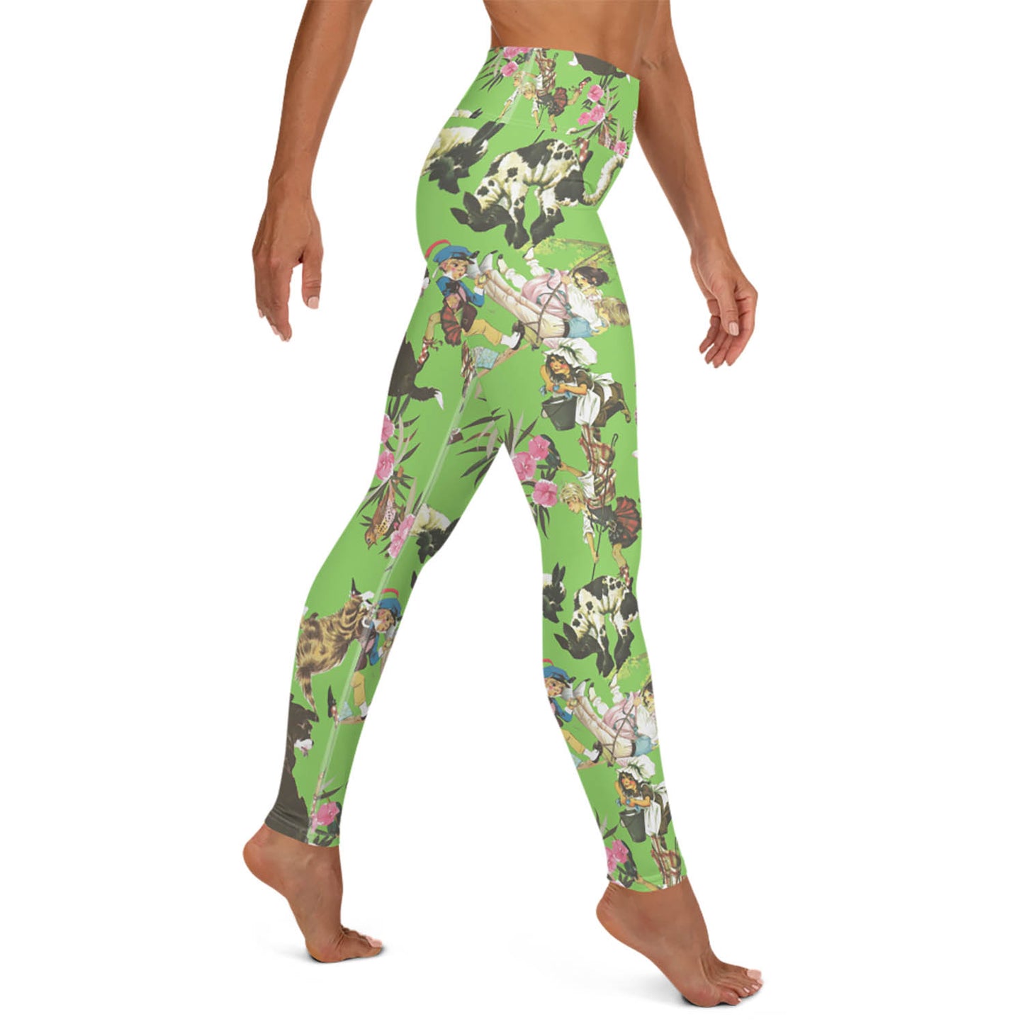 Nursery Rhyme Collage High Waisted Workout Leggings in Lime Green
