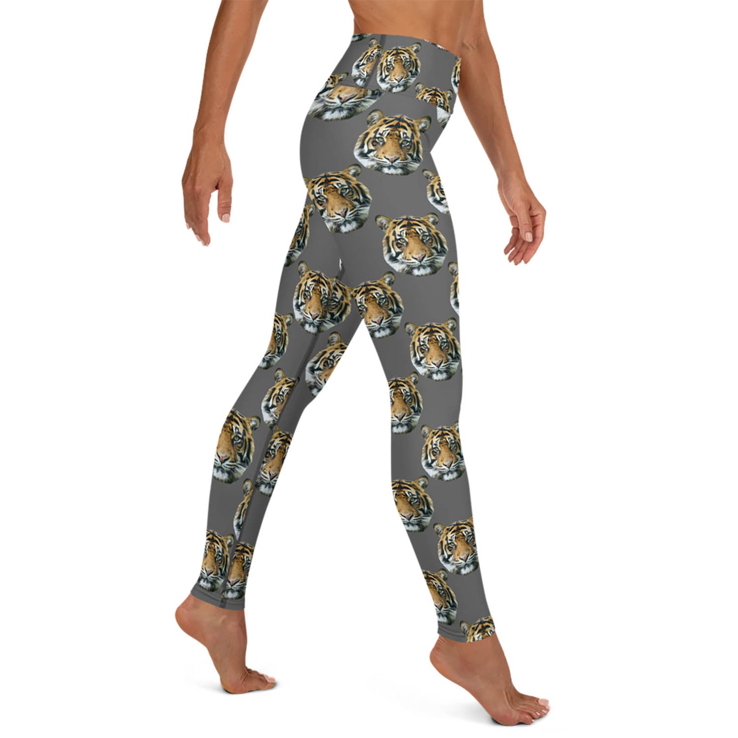 Tiger Face High Waisted Workout Leggings in Grey