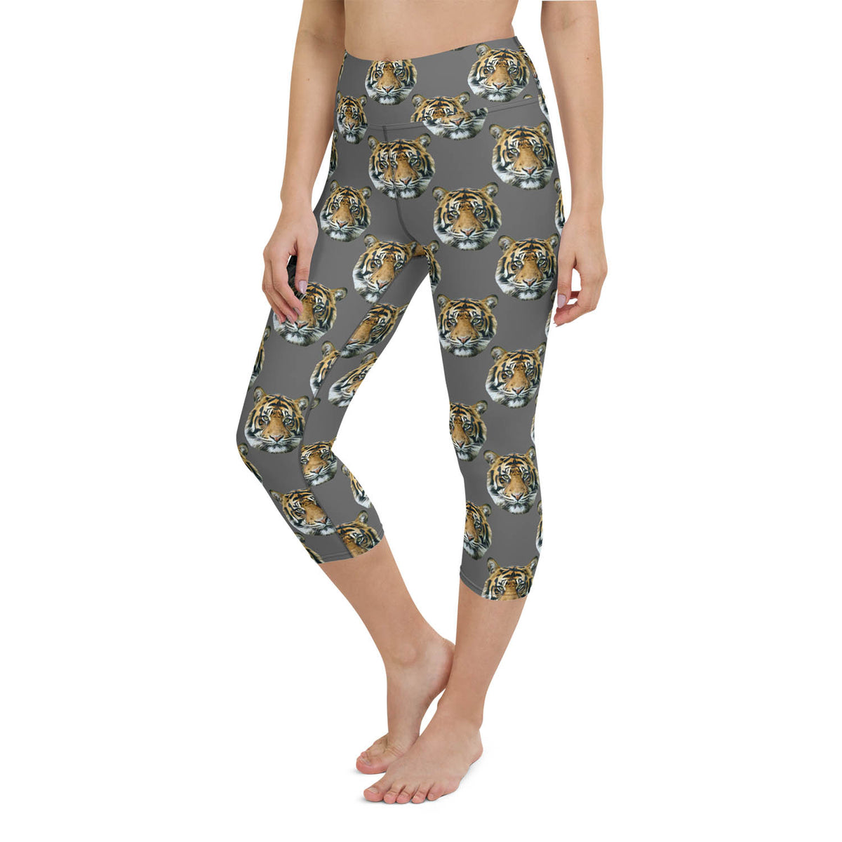 Tiger Face High Waisted Capri Workout Leggings in Grey