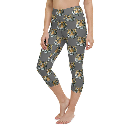Tiger Face High Waisted Capri Workout Leggings in Grey
