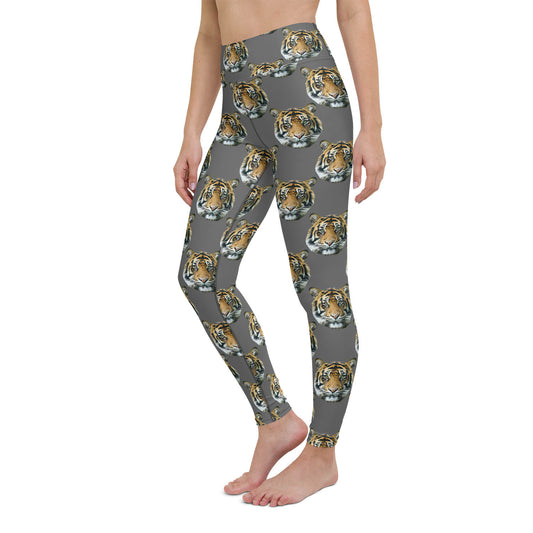 Tiger Face High Waisted Workout Leggings in Grey