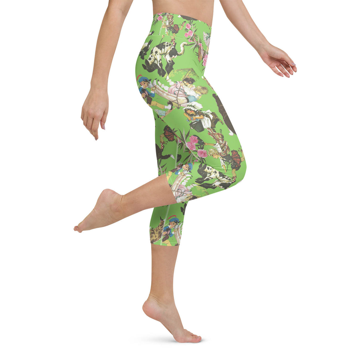 Nursery Rhyme Collage High Waisted Capri Workout Leggings in Lime Green